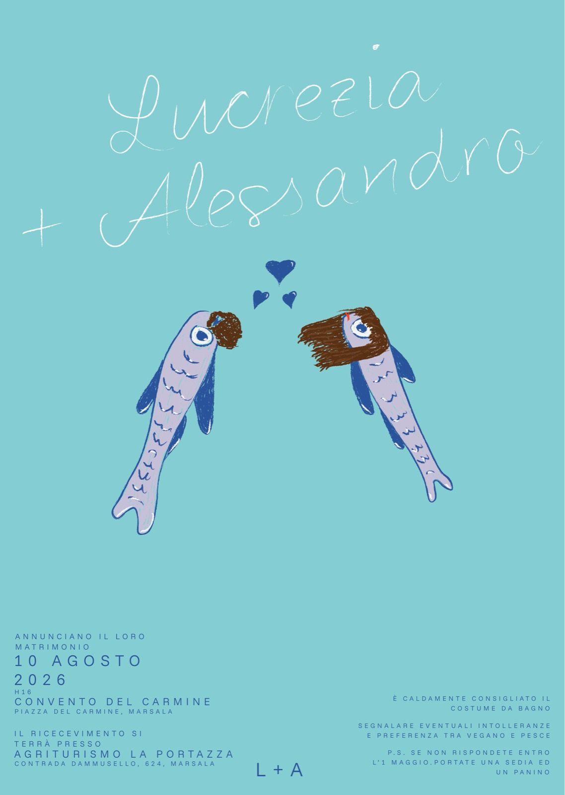 Saidde wedding invitation, hand drawn sardines on a teal ground