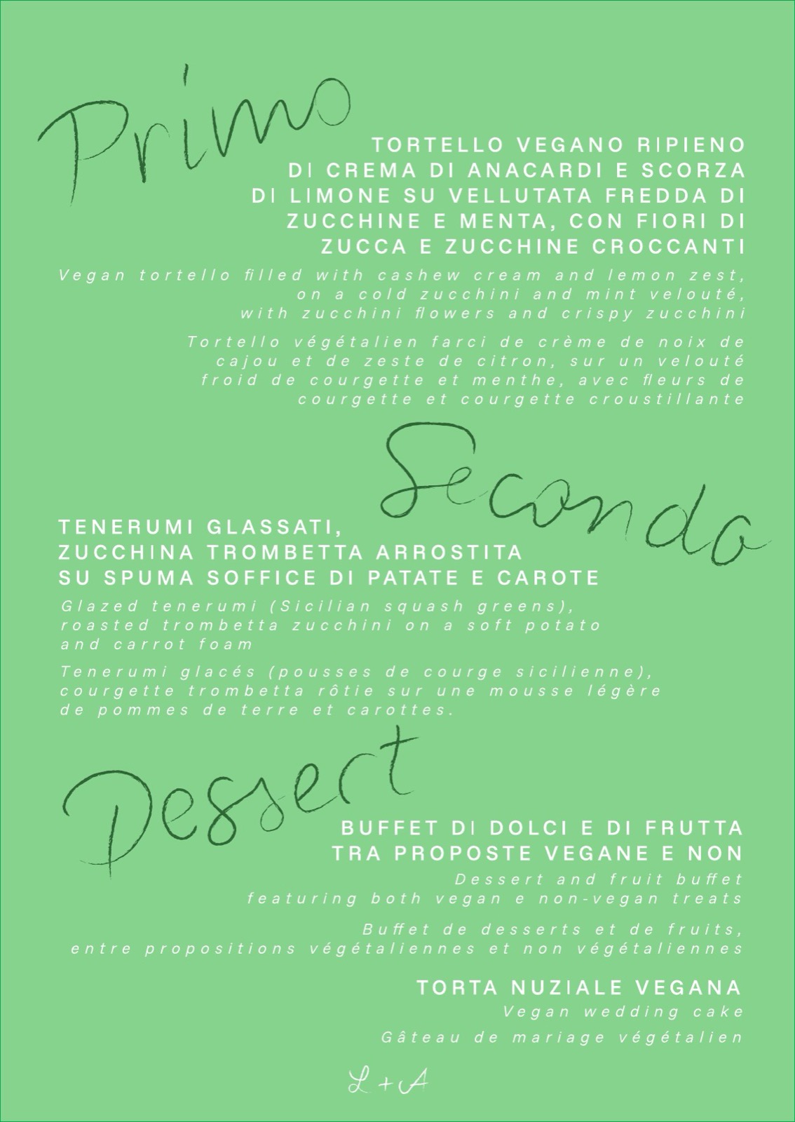 Menu, trilingual, green colourway